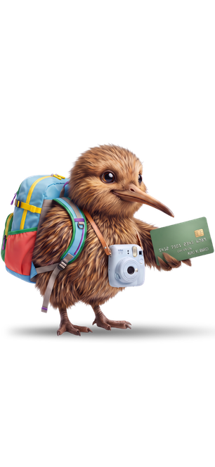 kiwi bird mascot with credit card