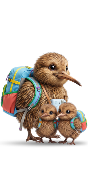 kiwi bird mascot with two baby kiwi birds