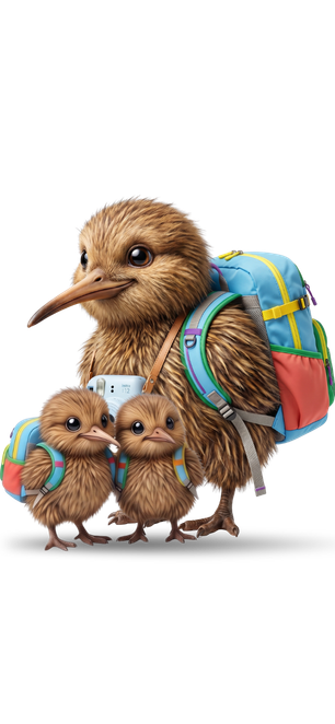 kiwi bird mascot with two baby kiwi birds