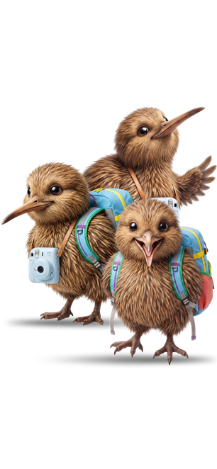 kiwi bird mascot with two kiwi bird friends