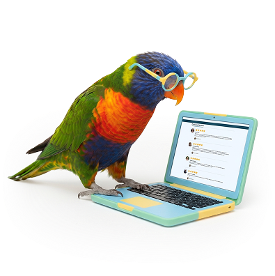 Illustrated parrot wearing glasses, comparing prices on a laptop