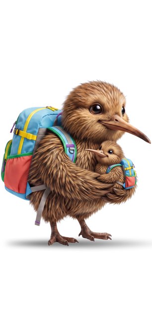 kiwi bird mascot holding newborn kiwi bird