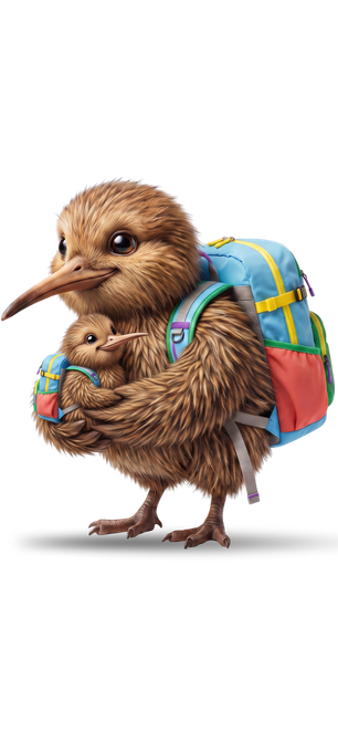 kiwi bird mascot holding newborn kiwi bird