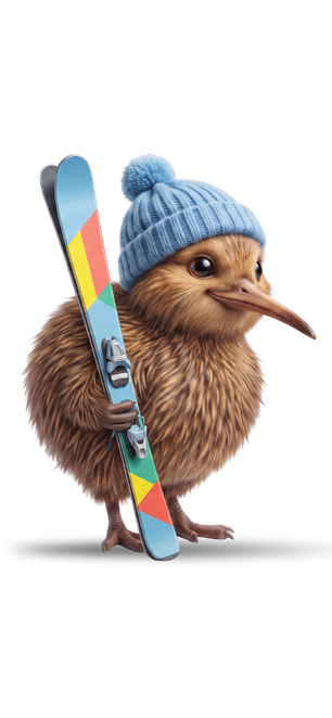 kiwi bird mascot with skis